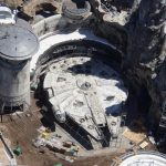Aerial view showing scaffolding around Millennium Falcon. Note also a roof at a nearby doorway. In Star Wars Galaxy's Edge photo by @bioreconstruct Twitter