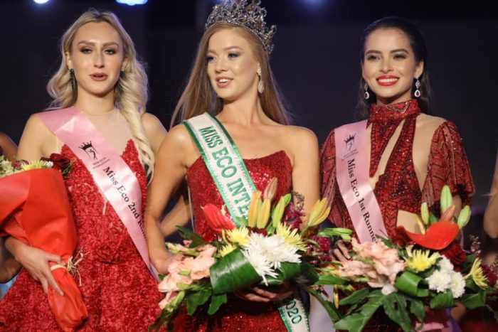 (L to R) Miss Eco International 2nd Runner Up Alexandria Kelly from USA, Miss Eco International 2021 Gizzelle Mandy Uys from South Africa, and Miss Eco International 1st Runner Up Kelly Day from the Philippines. PHOTO FROM MISS ECO INTERNATIONAL FB PAGE