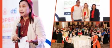 Department of Trade and Industry Region XI Division Chief, Small and Medium Enterprise Division Marie Ann J. How, Shopee Philippines VisMin Seller Acquisition Head Dane Mangoba, SY Glow Cosmetics shop owner Lou Putian, and Cacao Culture shop owner Sheila Lao at the Shopee University Roadshow in Davao City